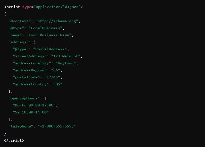 define structured data for a business address example JSON-LD implementation